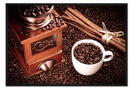 Gerahmter Kunstdruck Kaffee Bohnen mit Mühle, Zimt und Tasse