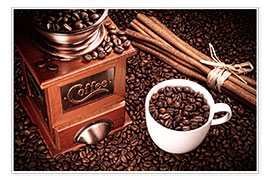 Tableau  Grains de café avec une tasse, de la cannelle et un moulin à café - pixelliebe