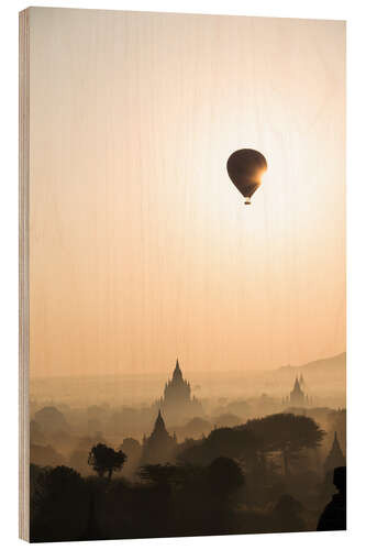 Quadro de madeira Sunrise with balloon, Bagan