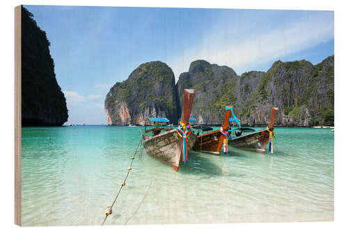 Tableau en bois Long-tail boats à Maya Bay, Thaïlande