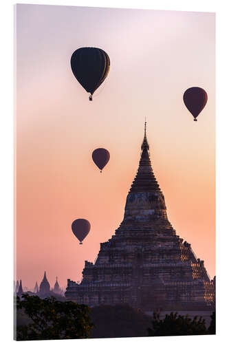 Acrylglasbild Tempel bei Sonnenaufgang mit Luftballons fliegen, Bagan, Myanmar