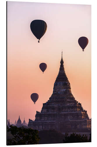 Alubild Tempel bei Sonnenaufgang mit Luftballons fliegen, Bagan, Myanmar