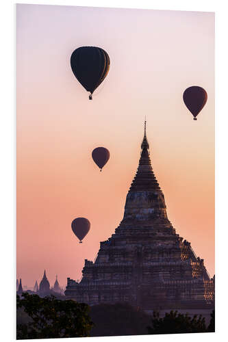 Print på skumplade Temple at sunrise with balloons flying, Bagan, Myanmar