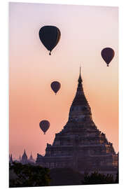 Tableau en PVC Temple au coucher du soleil avec des montgolfières, Bagan, Birmanie