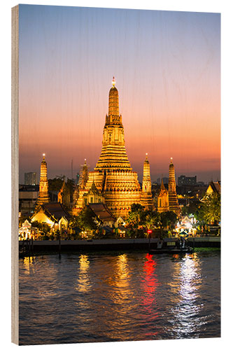 Holzbild Wat Arun Tempel in der Dämmerung, Bangkok, Thailand