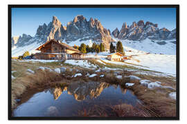 Gerahmter Kunstdruck Hütte und Geisler-Berge, Dolomiten