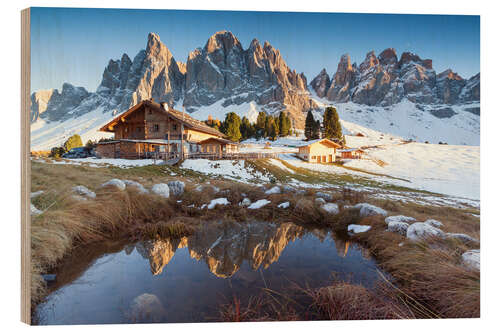 Wood print Hut and Odle mountains, Dolomites