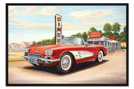 Gerahmter Kunstdruck Diner und roter Oldtimer
