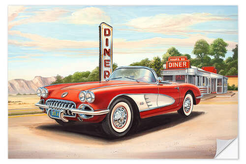 Selvklebende plakat Diner and red classic car