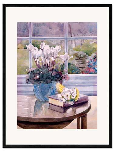 Framed art print Flowers and book on table