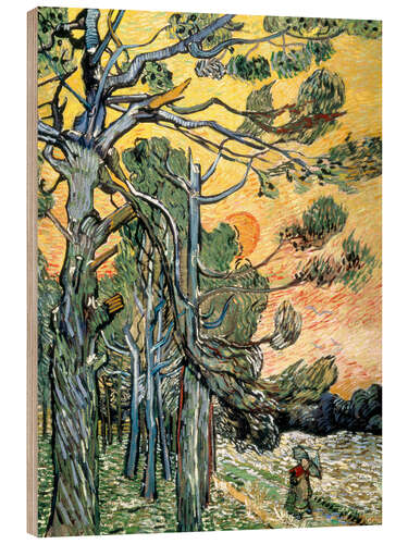 Wood print Pines with Setting Sun and Woman