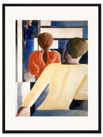 Gerahmter Kunstdruck Blau-rot-gelb am Geländer