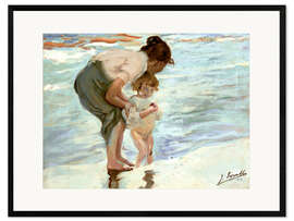 Ingelijste kunstdruk Mother and child on the beach