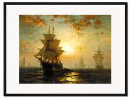Gerahmter Kunstdruck Segelschiffe bei Sonnenuntergang