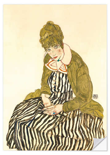 Selvklebende plakat Portrait of Edith Schiele Sitting in a Striped Dress