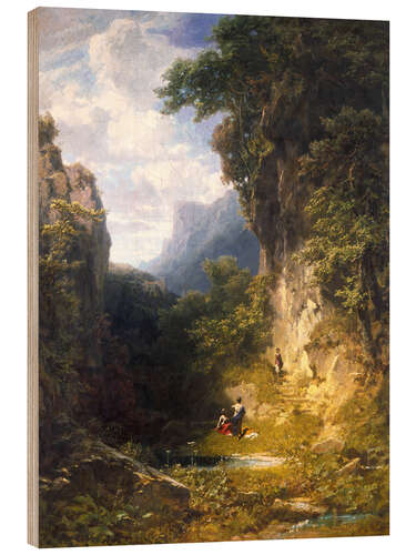 Wood print Mountain gorge with bathing women