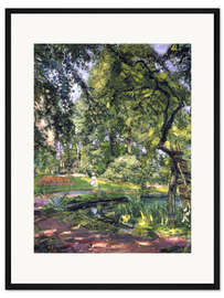 Gerahmter Kunstdruck Garten in Godramstein mit verwachsenem Baum und Weiher. 1910