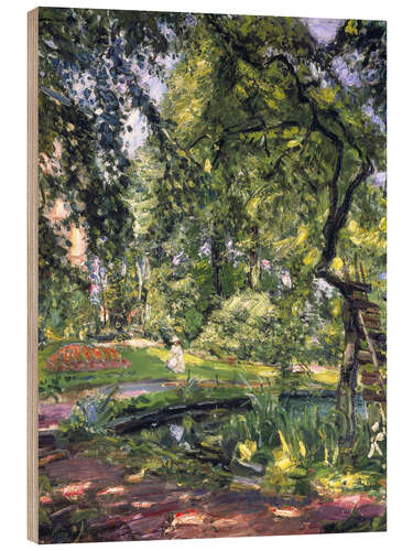 Holzbild Garten in Godramstein mit verwachsenem Baum und Weiher. 1910