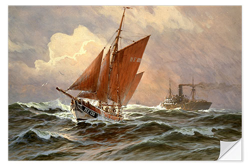 Selvklæbende plakat Sailors and steamboat on the North Sea