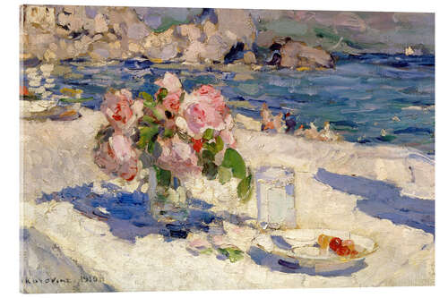 Tableau en verre acrylique Fleurs et assiette de fruits en bord de mer, 1910