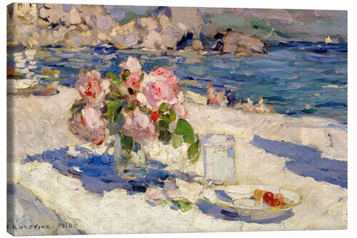 Leinwandbild Blumenstrauss und Früchteteller am Meeresstrand. 1910.