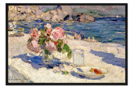 Gerahmter Kunstdruck Blumenstrauss und Früchteteller am Meeresstrand. 1910.