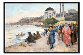 Gerahmter Kunstdruck Mafalda am Ufer des Bosporus, die Dolmabahçe Moschee im Hintergrund.