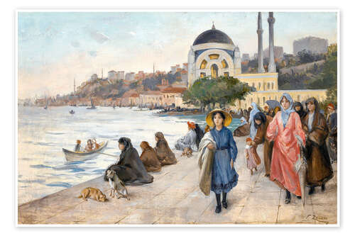 Poster Mafalda am Ufer des Bosporus, die Dolmabahçe Moschee im Hintergrund.