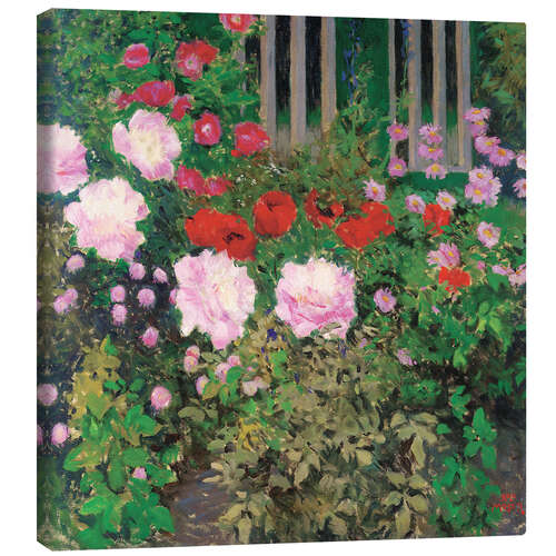 Canvas print Blooming flowers on the garden fence