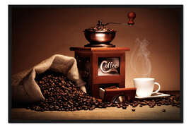 Gerahmter Kunstdruck Kaffee Mühle mit Bohnen und Tasse