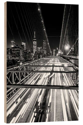 Wood print Traffic on Brooklyn Bridge - NYC (monochrome)