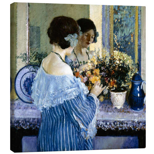 Lienzo Girl in Blue Arranging Flowers
