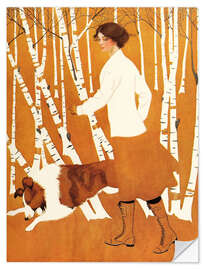 Autocolante decorativo Walking the dog in the birch forest