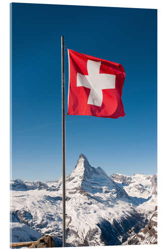 Acrylic print Matterhorn with swiss flag. Zermatt, Switzerland.