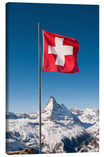 Canvas print Matterhorn with swiss flag. Zermatt, Switzerland.