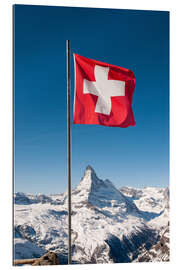 Galleritryk Matterhorn with swiss flag. Zermatt, Switzerland.