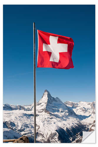 Naklejka na ścianę Matterhorn with swiss flag. Zermatt, Switzerland.