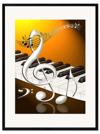 Framed art print dancing notes with clef and piano keyboard