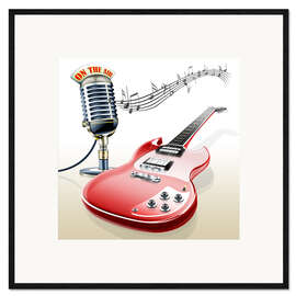 Framed art print Electric guitar with microphone and music notes