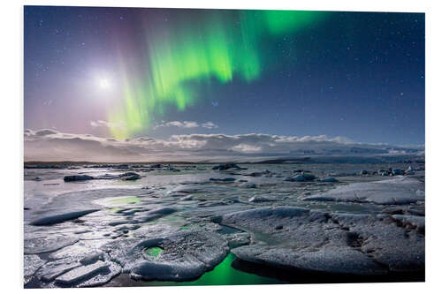 Foam board print Iceland: Aurora Borealis, Icebergs, Moon and Stars