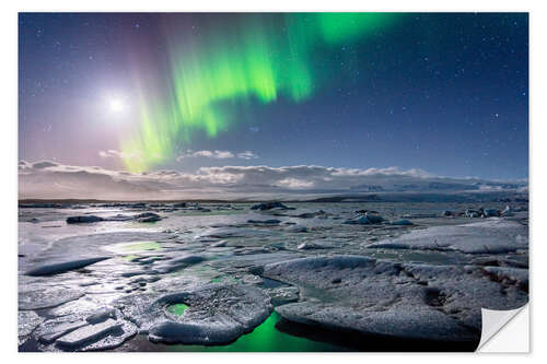 Vinilo para la pared Iceland: Aurora Borealis, Icebergs, Moon and Stars