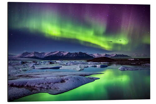 Cuadro de aluminio Islandia, luz polar sobre la laguna glaciar