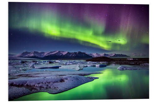 Foam board print Iceland: Aurora Borealis above the glacier lagoon