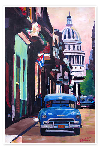 Poster Cuban Oldtimer Street Scene in Havanna Cuba with Buena Vista Feeling