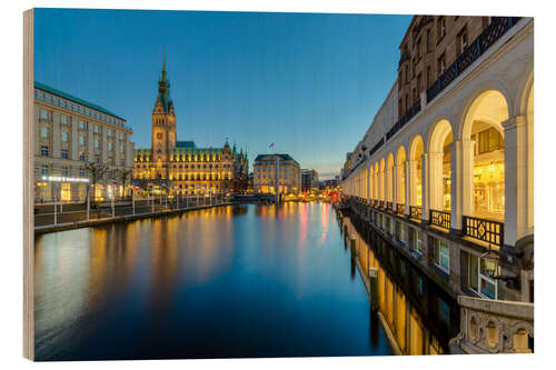 Wood print Hamburg Town Hall and Alsterarkaden