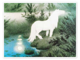 Billede  Nøkken i skikkelse af en hvid hest i sommernatten - Theodor Kittelsen