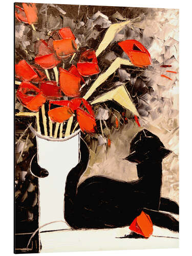 Aluminium print Black Cat With Poppies I