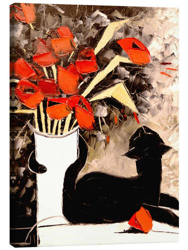 Lerretsbilde Black Cat With Poppies I