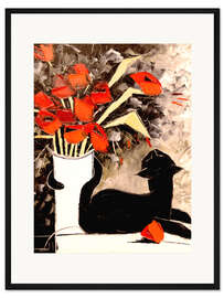 Gerahmter Kunstdruck Schwarze Katze mit Mohnblumen I