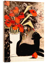 Cuadro de madera Black Cat With Poppies I